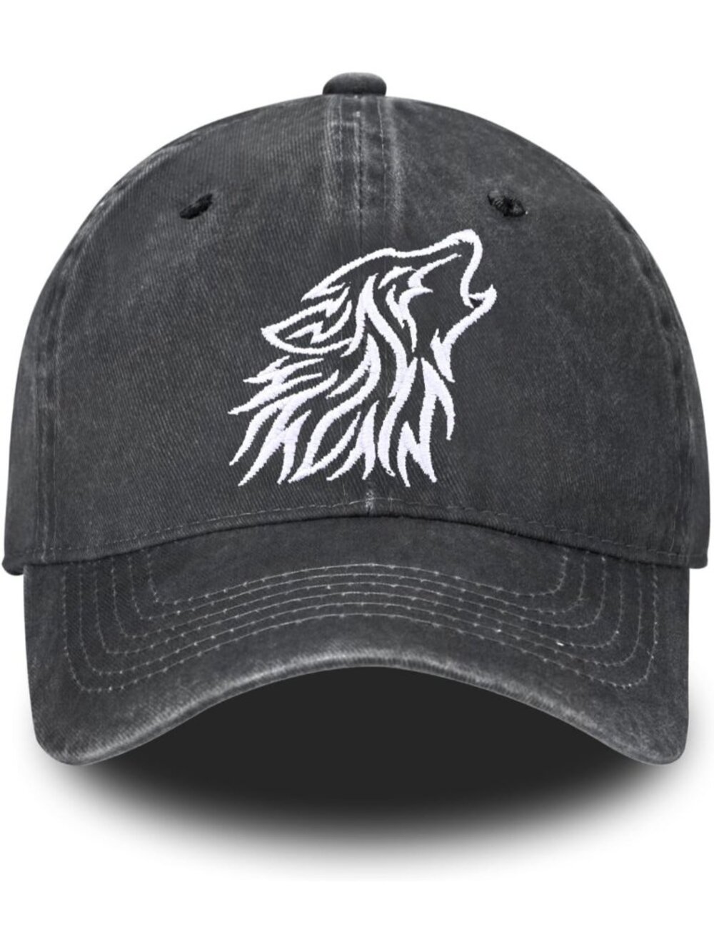 Unisax Black Wolf Embroidered Vintage Adjustable Washed Distressed Baseball Hat
